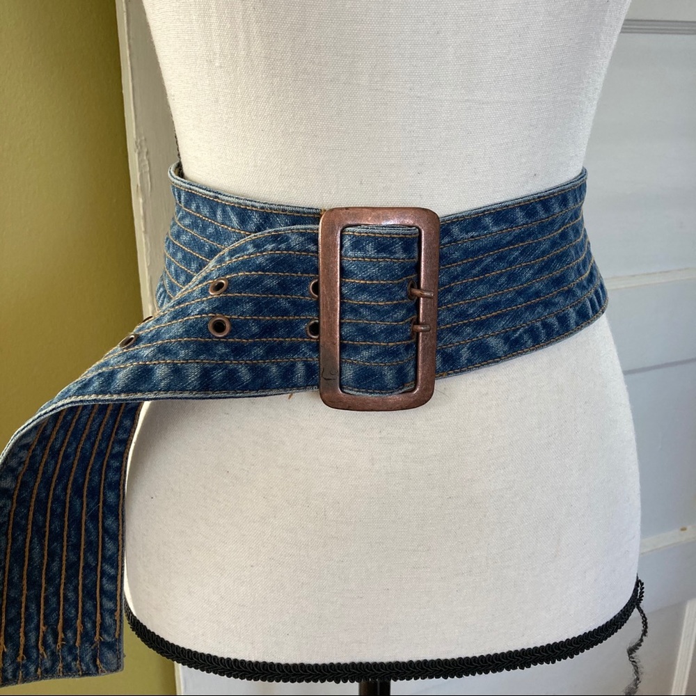 Wide Denim Belt Plus Size Brass Double Prong